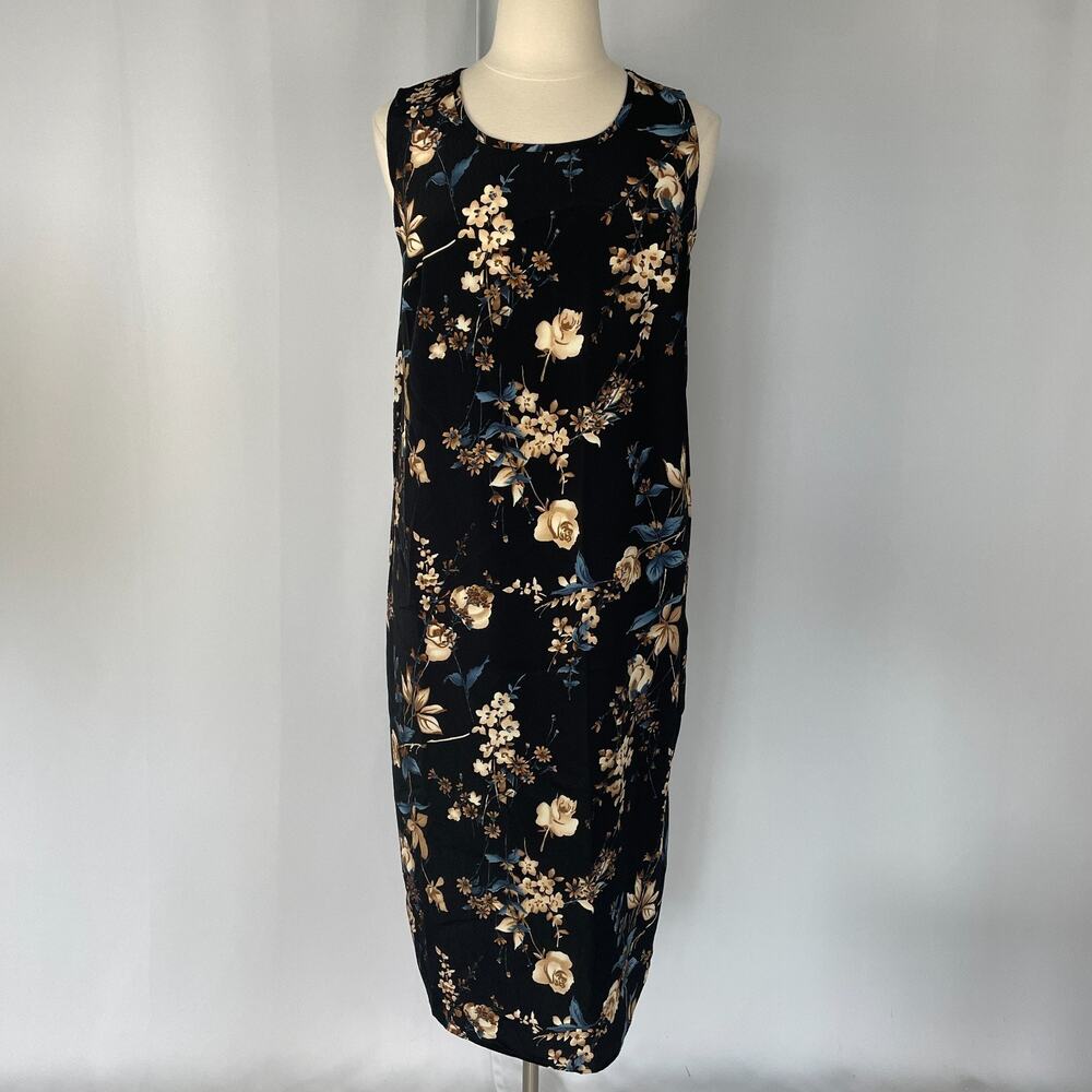 Vintage Midi Dress Size 18 Black Tan Floral Sleeveless Column Romantic Fairy Y2K